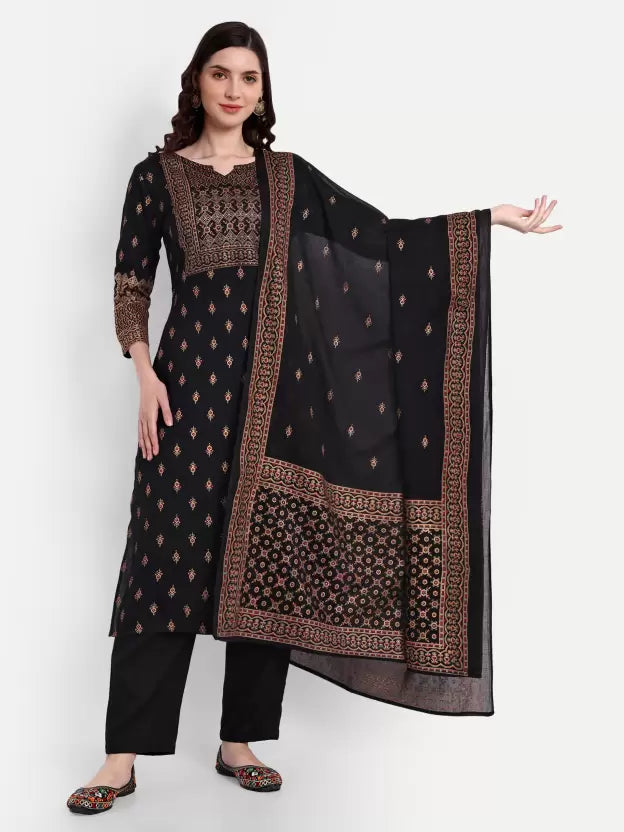 Women Black 3/4 sleeves Viscose Rayon Kurta Pant Dupatta Set