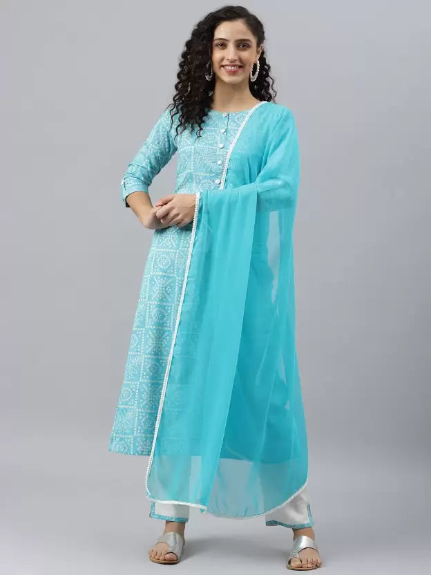 Women Viscose Rayon Kurta Trouser Set (Blue and Green)