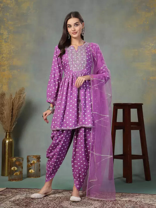 Women Viscose Rayon, Net Kurti Dhoti Pant Dupatta Set