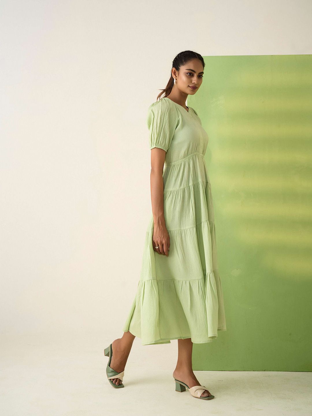 The Lifestyle Co Women Sweetheart Neck Puff Sleeve Fit & Flare Tiered Midi Dress