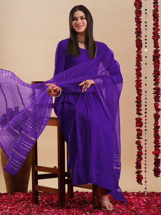 Scoop Neck Anarkali Kurta With Trousers & Dupatta
