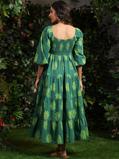 Printed Puff Sleeves Cotton Maxi Ethnic Dress