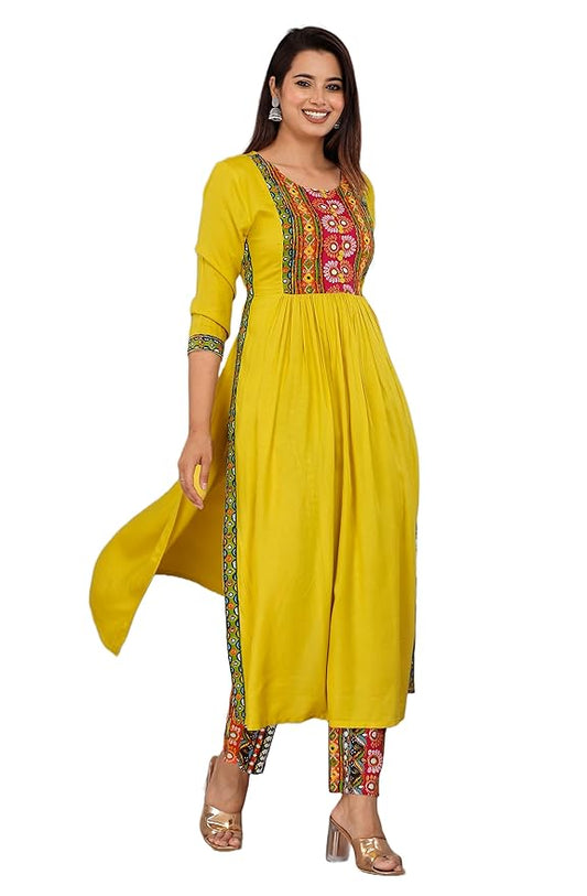 Nayra Cut Yellow Printed Round Neck 3/4 sleeve calf length Kurta Pant