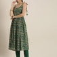 Women Green Floral Print Pleated Kurta with Trousers & Dupatta