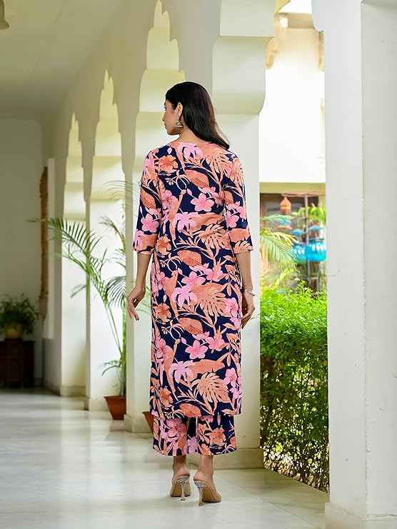 Women's Rayon Blend Printed Straight Kurta with Palazzo