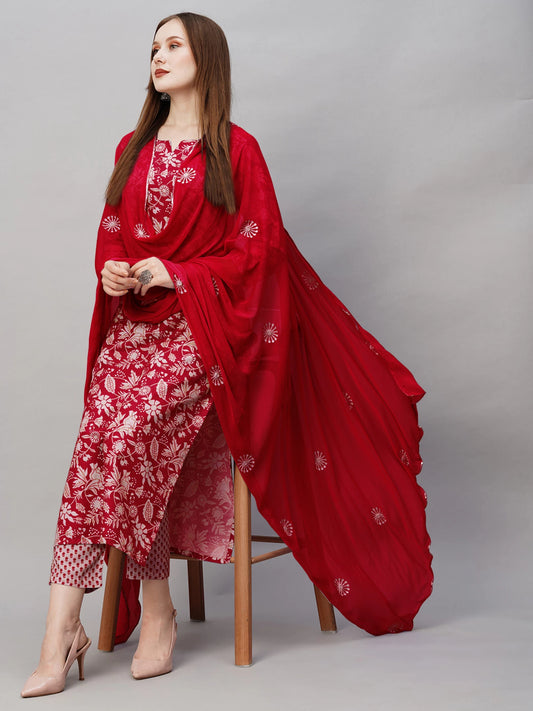Women Red Cotton Blend Kurta Pant Dupatta Set