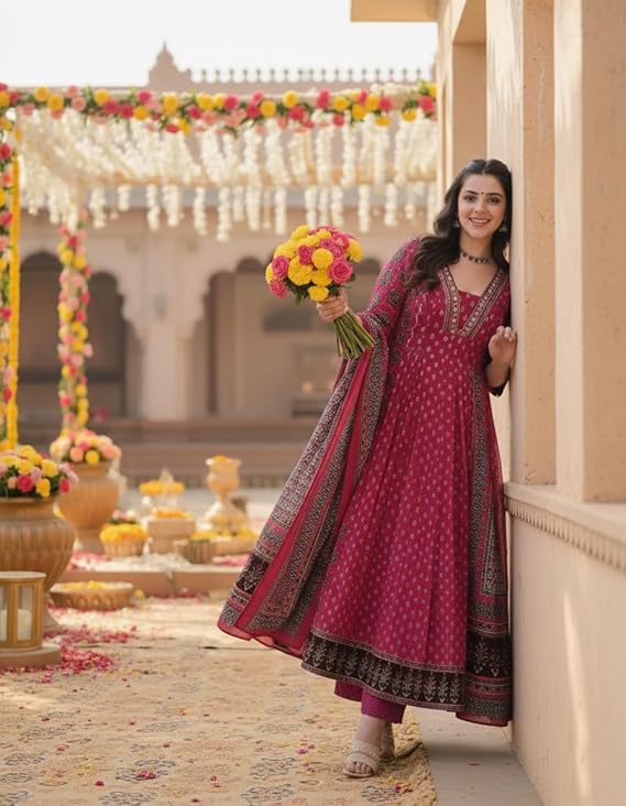 Women’s Rayon Viscose Anarkali Kurta Set with Dupatta