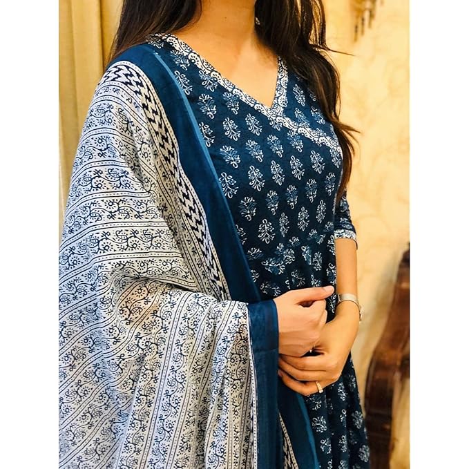 Women's Blue Rayon Anarkali Kurta Pant and Dupatta Set