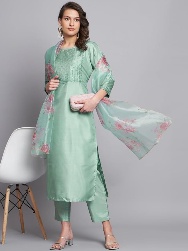 Women's Silk Blend Embroidered Straight Kurta Pant Set with Organza Dupatta