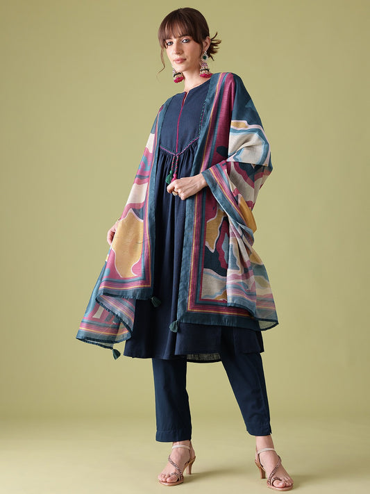 Pleated Pure Cotton Kurta with Trousers & Dupatta