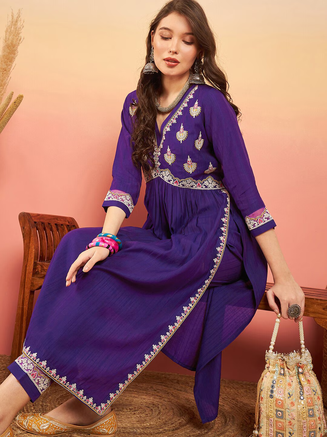 Embroidered Purple Kurta Set