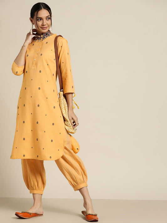 Women Yellow & Black Woven Design Regular Kurta with Salwar