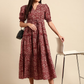 Red Floral Ethnic A-Line Cotton Midi Ethnic Dress