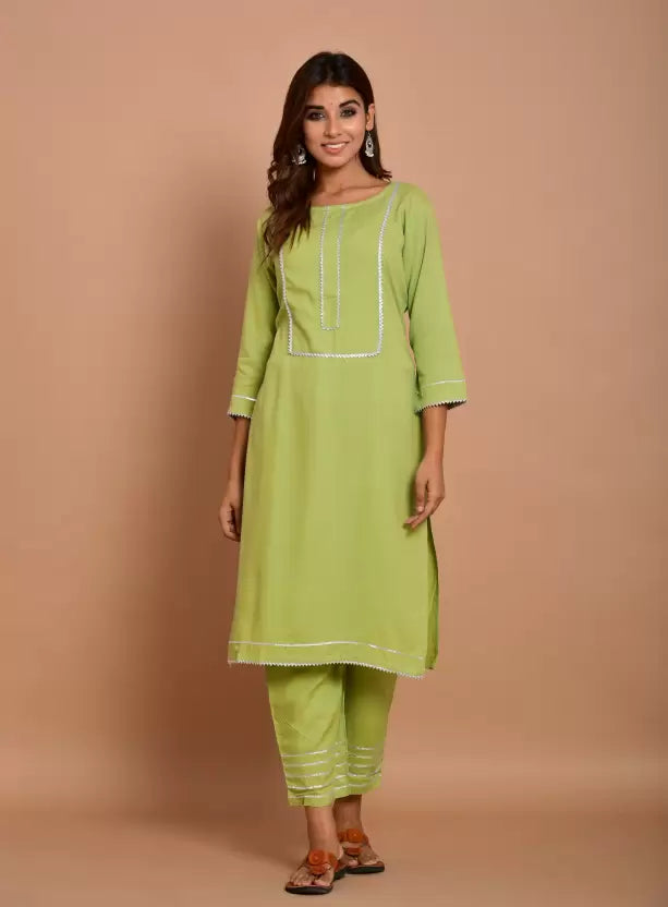 Women Green Viscose Rayon Kurti Palazzo Set