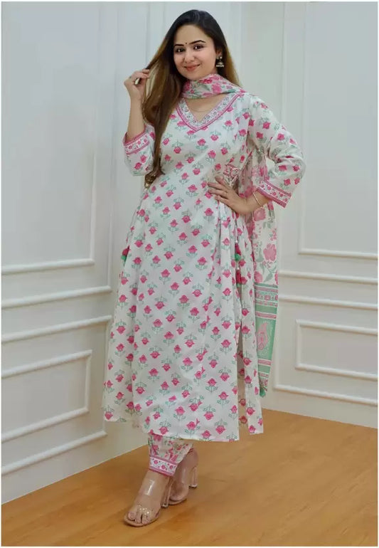 Women Floral White Pink Viscose Rayon Kurta and Pant Set