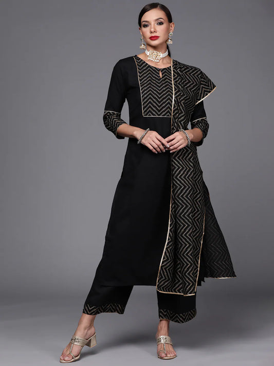 Women Black & Golden Yoke Design Kurta with Palazzos & With Dupatta