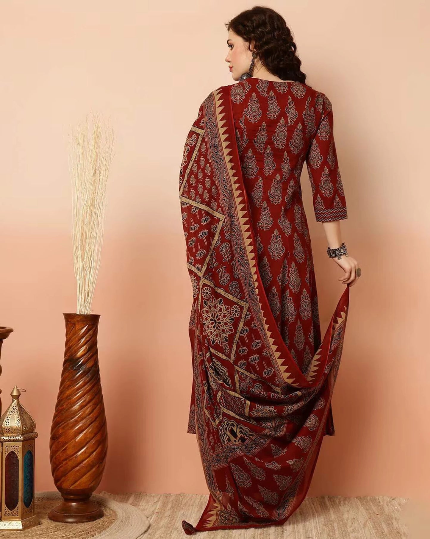 Women Maroon A-line Viscose Rayon Kurta Pant Dupatta Set