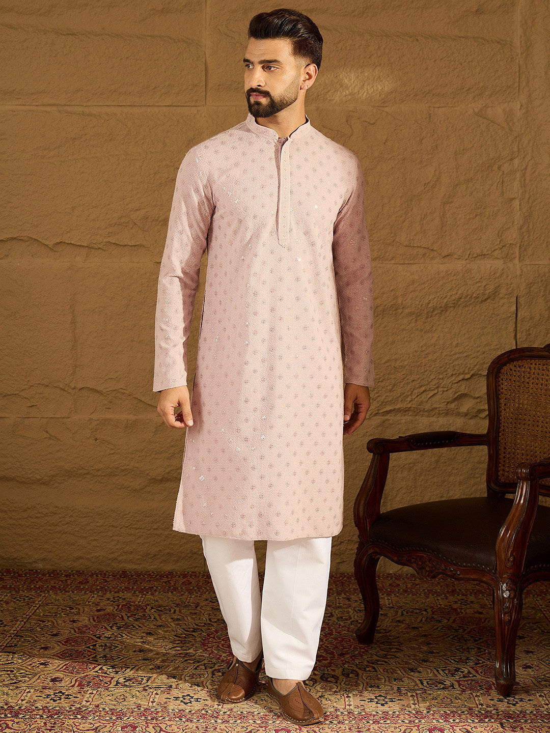 Men Viscose Rayon Embroidered Mandarin Collar Kurta & Trousers