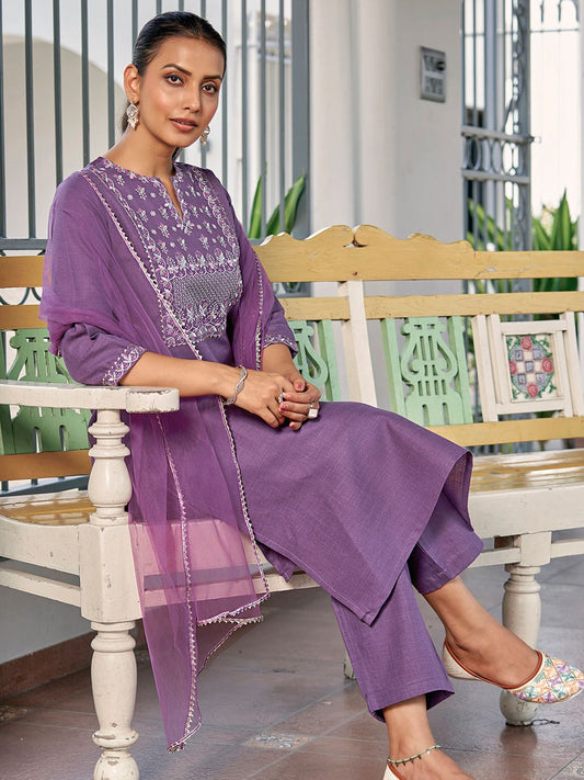 Floral Yoke Design Notch Neck Thread Work Straight Kurta With Trousers & Dupatta