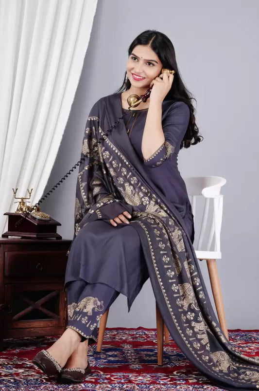 Women Grey Viscose Rayon Pyjama Dupatta Set