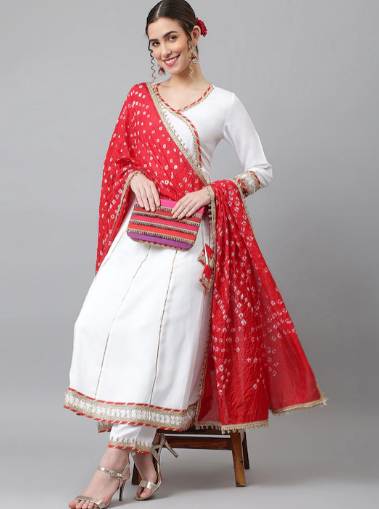 Women White Angrakha Kurta with Palazzos & With Dupatta