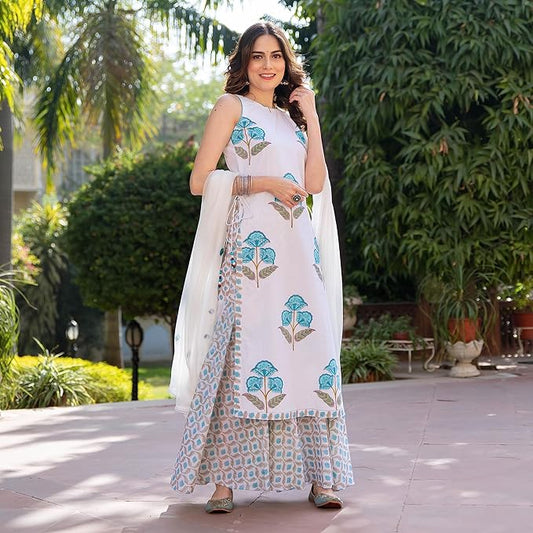 Women's Cotton Blend Printed Straight Kurta Sharara Set With Embroidered Dupatta