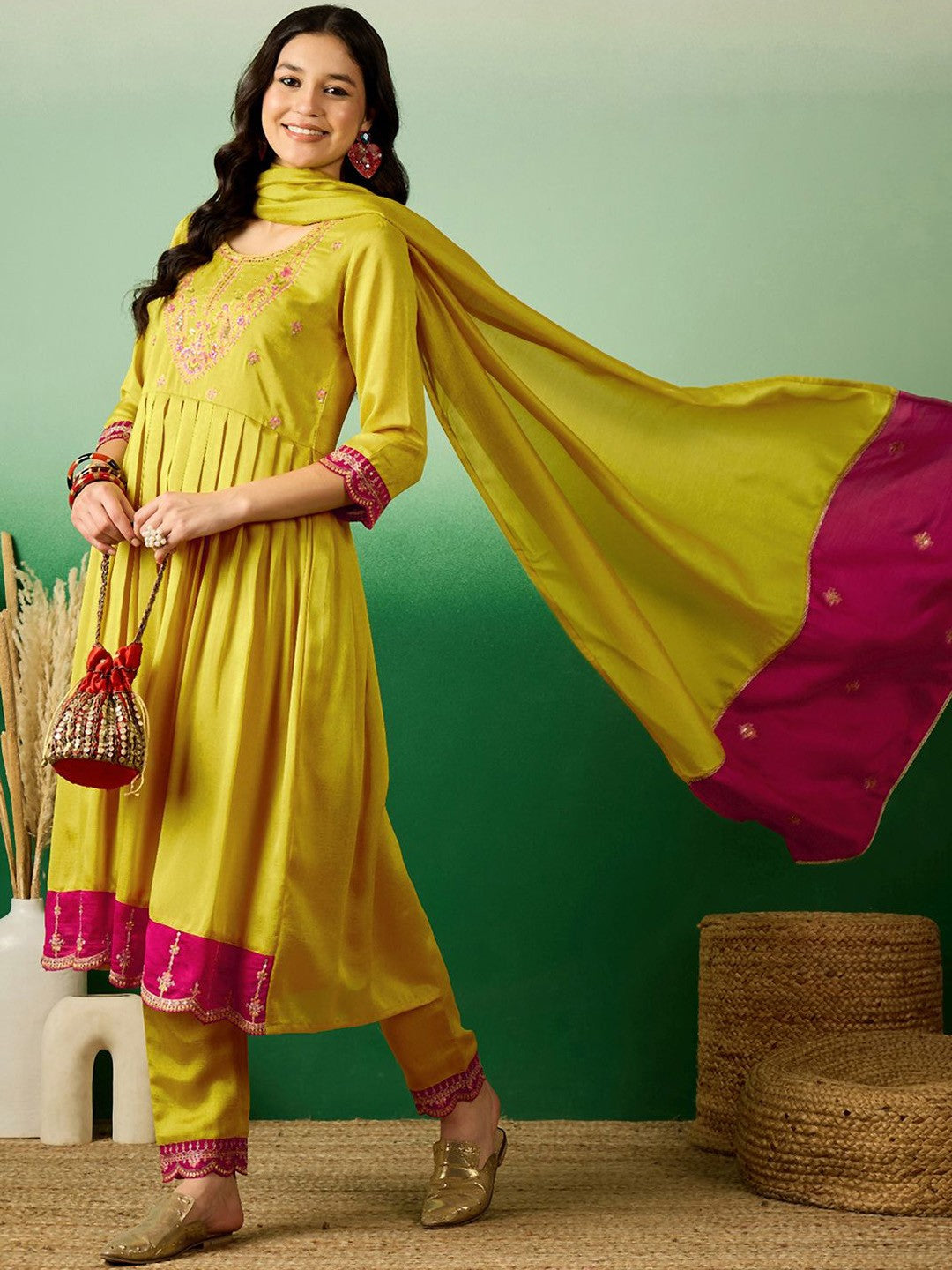 Embroidered Kurta With Trouser & Dupatta
