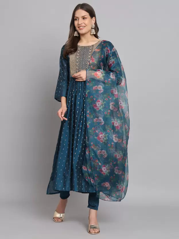 Women Teal Silk Blend Kurta Pant Dupatta Set