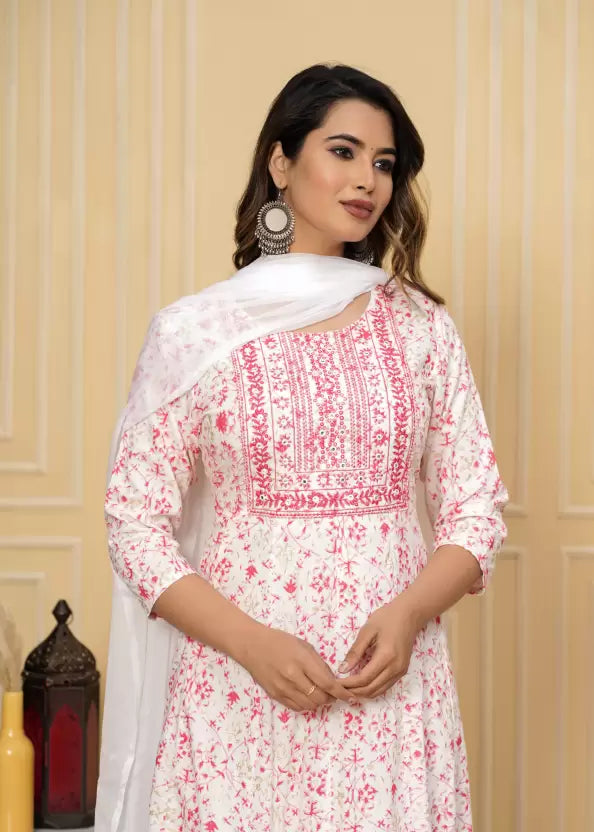 Women White Pink Viscose Rayon Kurta Dupatta Set