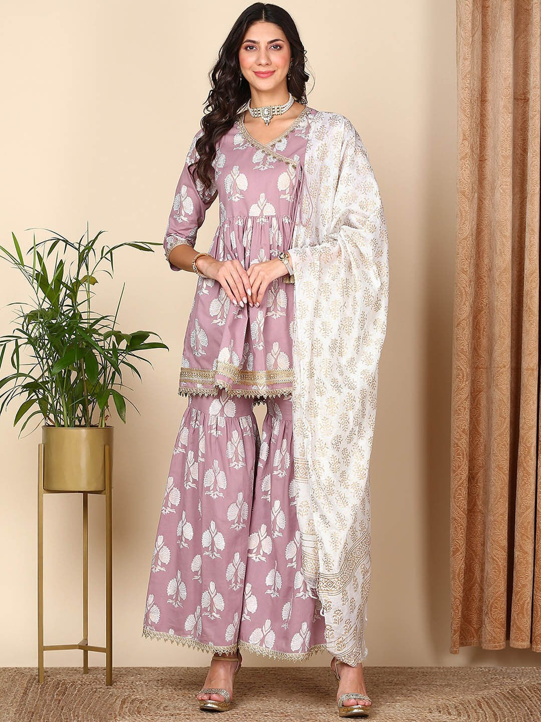 Violet Floral Printed Gotta Patti Pure Cotton Kurta with Sharara & Dupatta