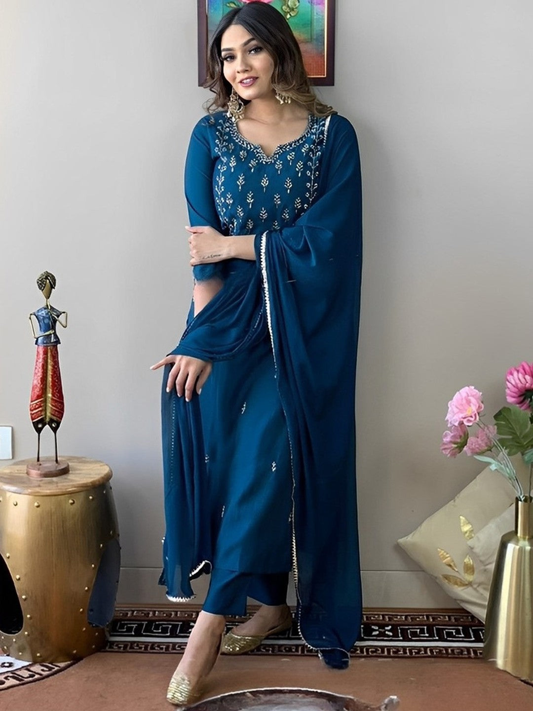 Ethnic Motifs Embroidered Thread Work Detail Straight Kurta & Trousers With Dupatta