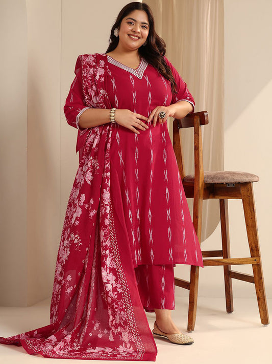 Plus Size Abstract Printed Straight Kurta With Trousers & Dupatta