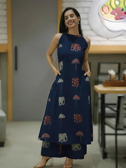Elephant Print Sleeveless Kurta Palazzo set