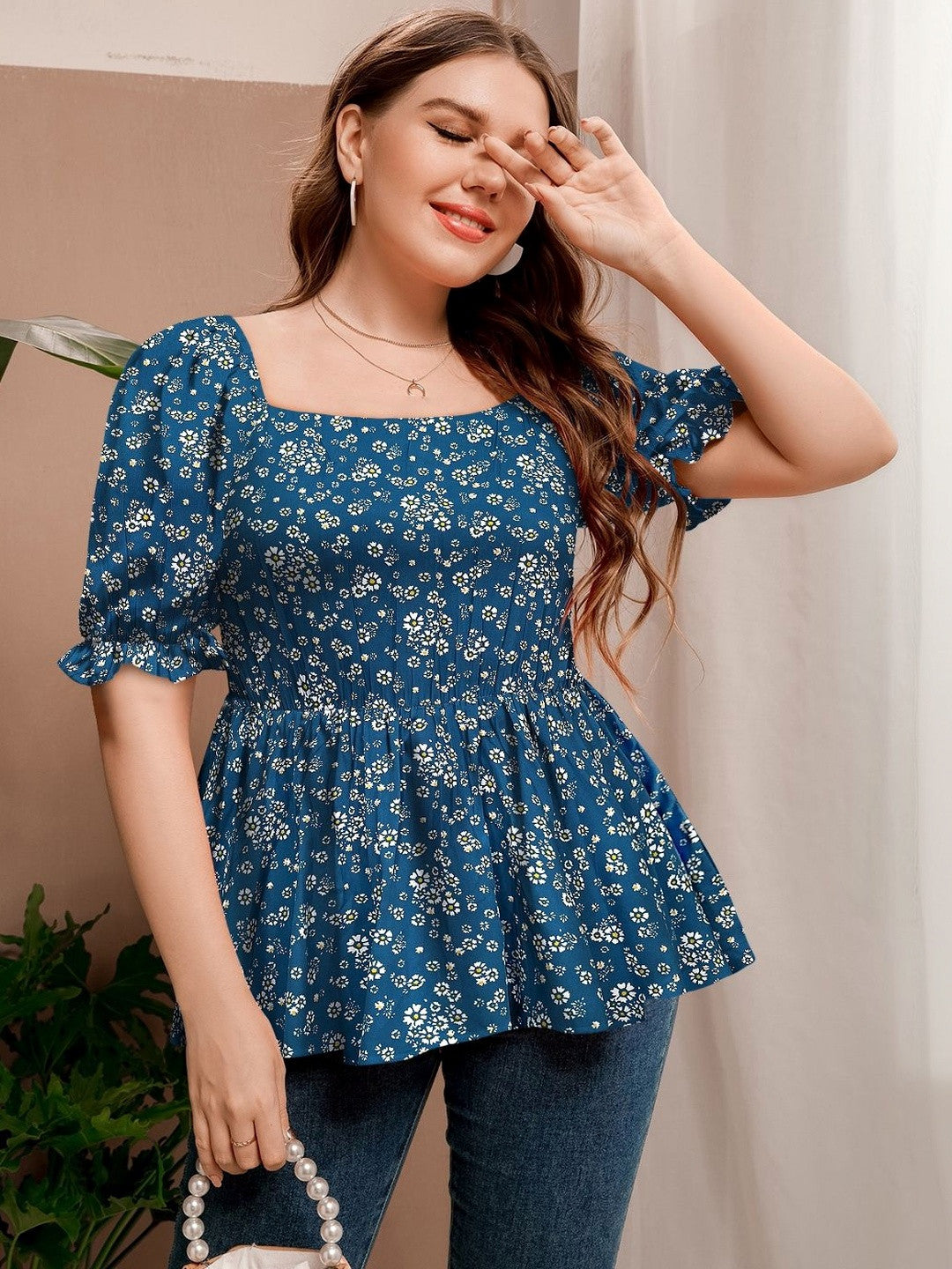 Floral Print Puff Sleeve Peplum Top