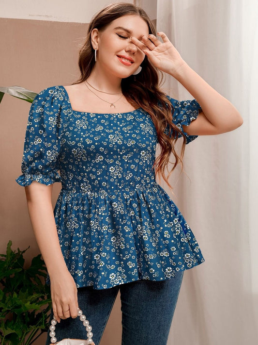Floral Print Puff Sleeve Peplum Top