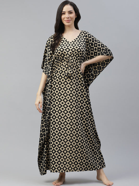 Beige & Black Printed Kimono Maxi Nightdress