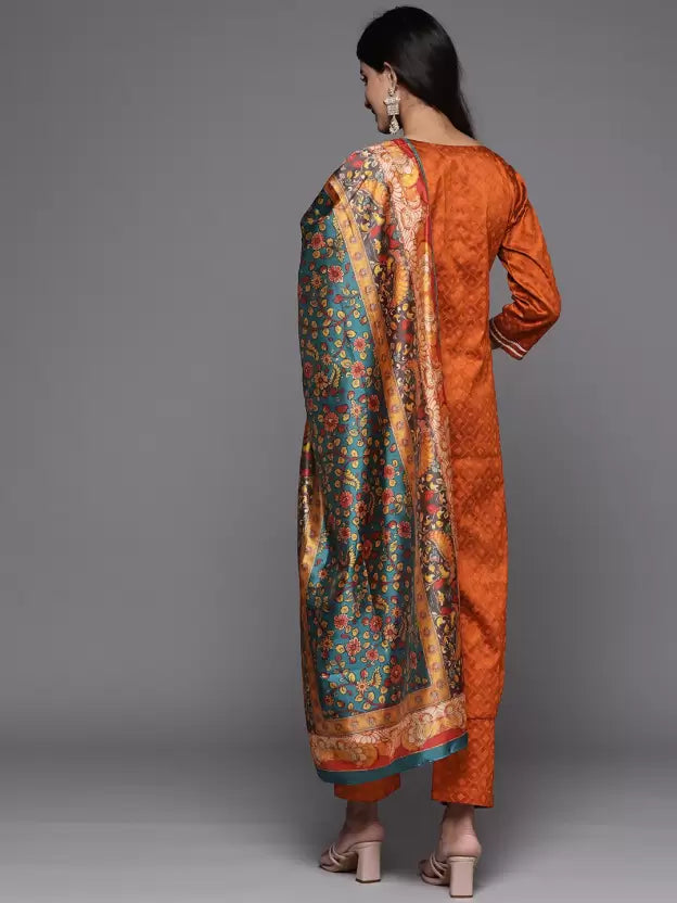 Women Orange Art Silk Kurta Pant Dupatta Set