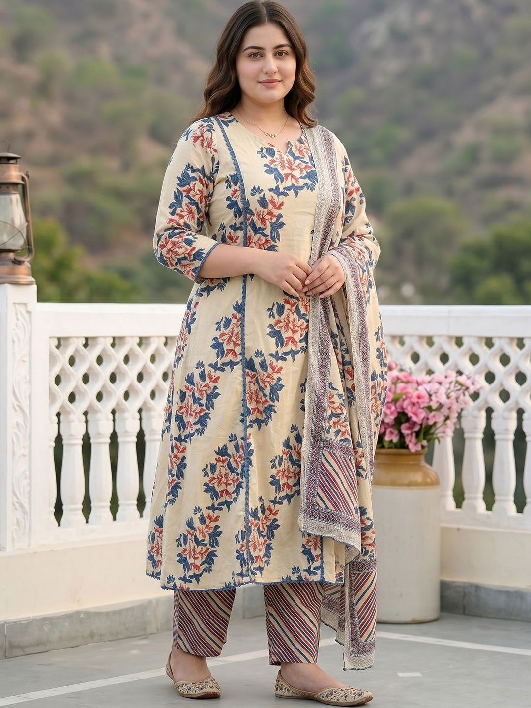 Women Floral Printed Regular Pure Cotton Kurta with Trousers & With Dupatta