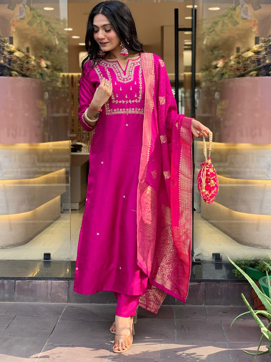 Ethnic Motifs Embroidered Regular Straight Kurta with Trousers & Dupatta