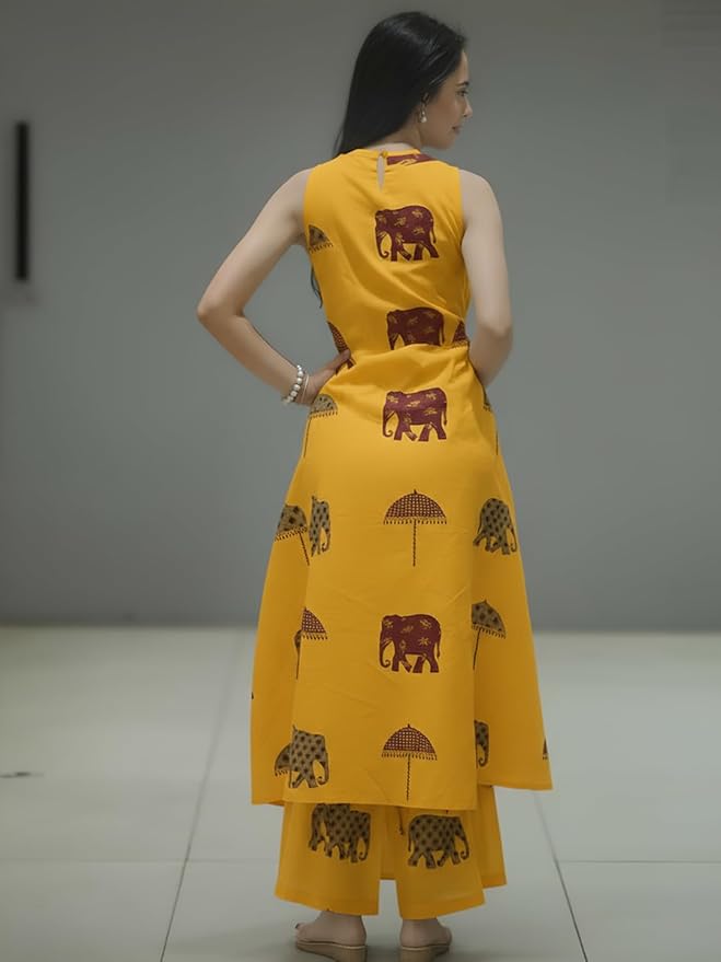 Elephant Print Sleeveless Kurta Palazzo set (Yellow)