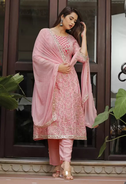 Women Pink Viscose Rayon Angarkha Pant Dupatta Set