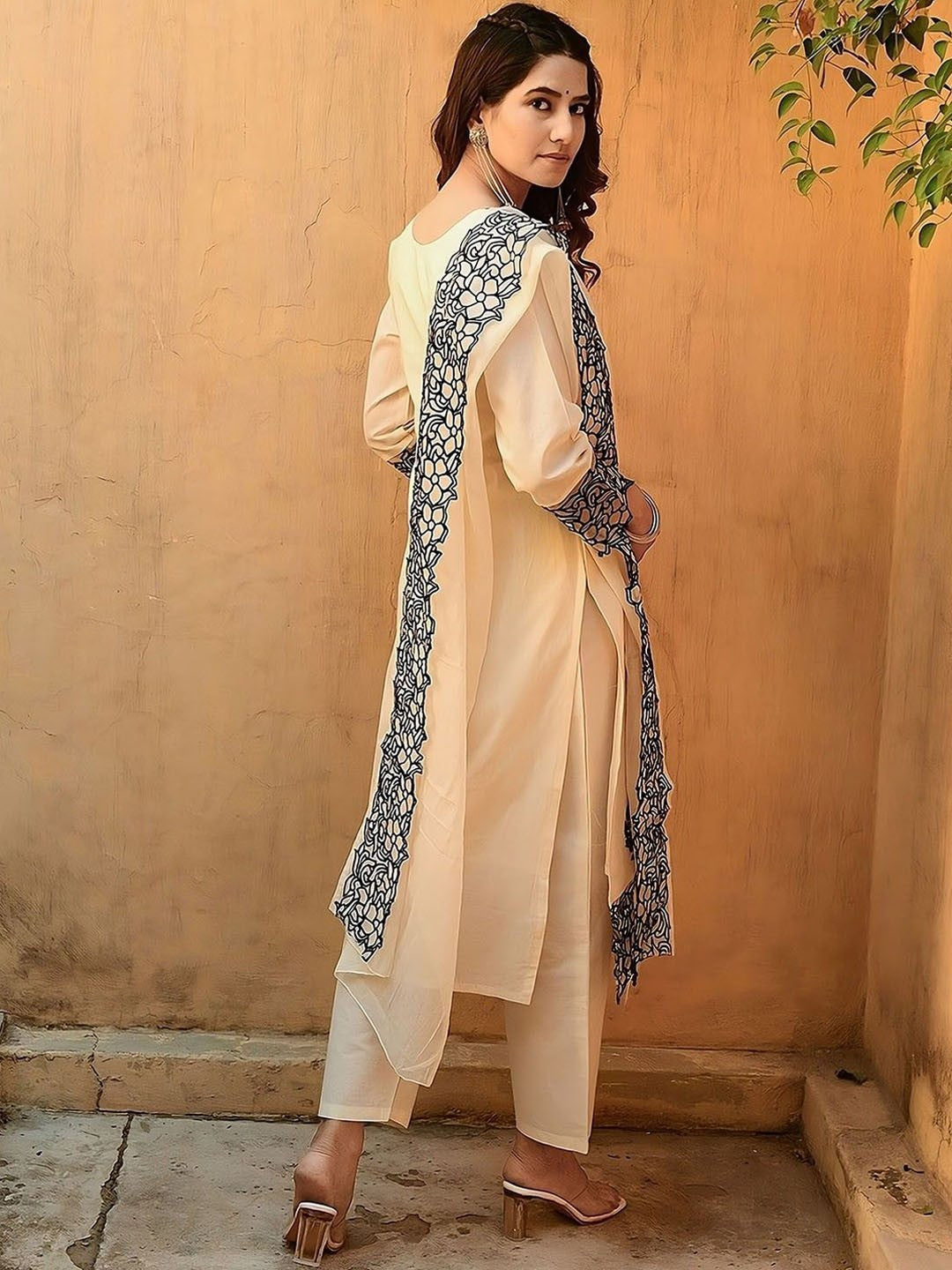 Floral Embroidered V-Neck Straight Kurta with Trousers & Dupatta