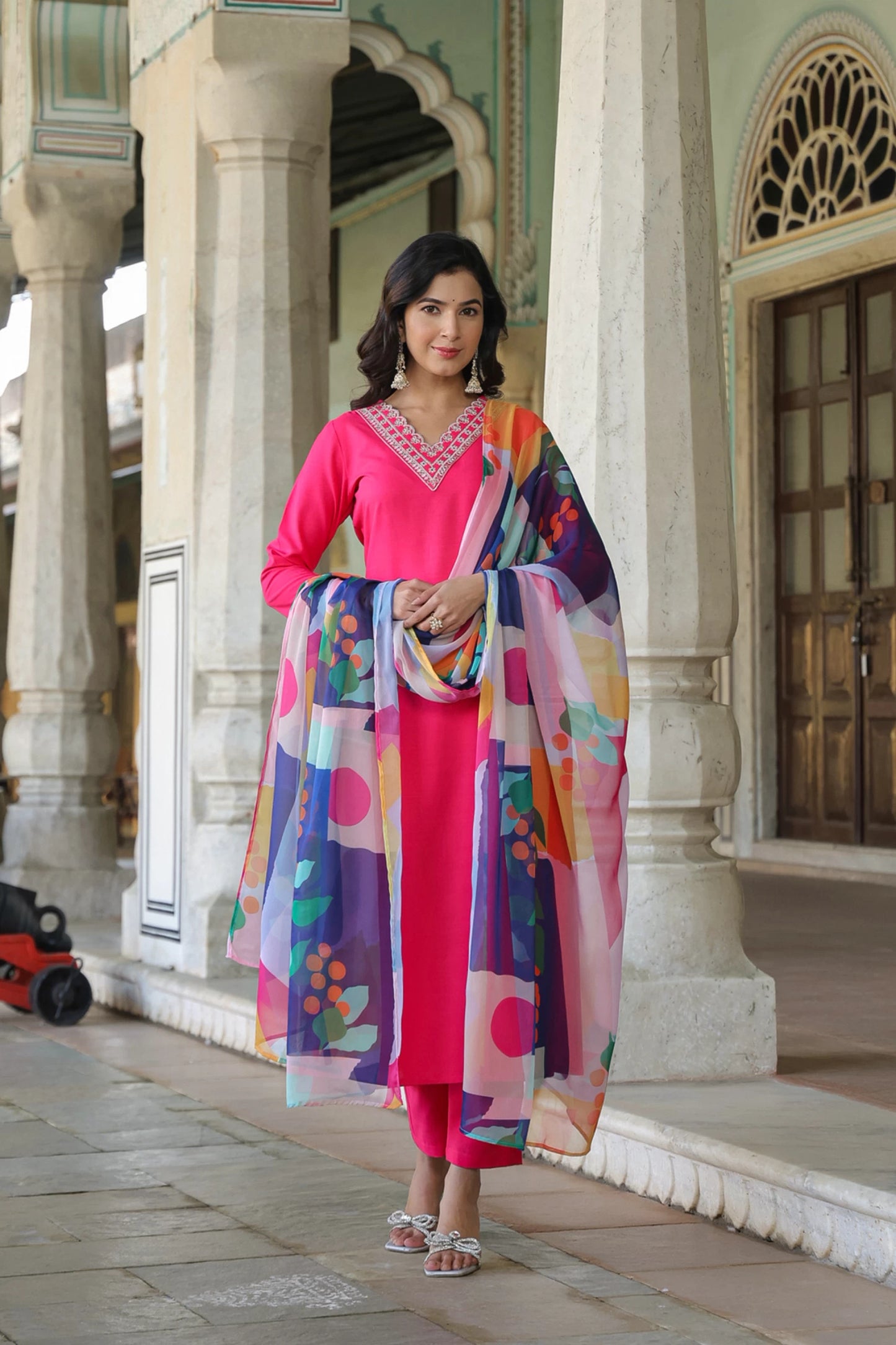 Women Pink Cotton Blend Kurta Pant Dupatta Set