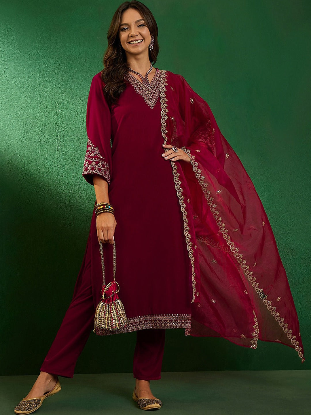 Embroidered V-Neck Kurta With Trousers & Dupatta