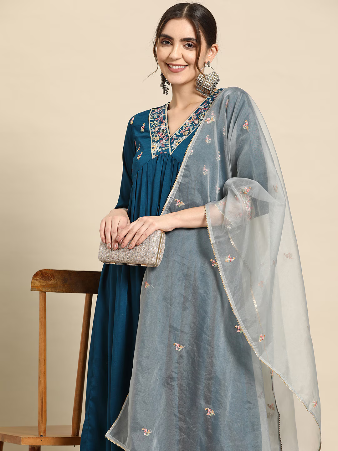 Floral Embroidered Empire Thread Work Kurta With Palazzos & Dupatta