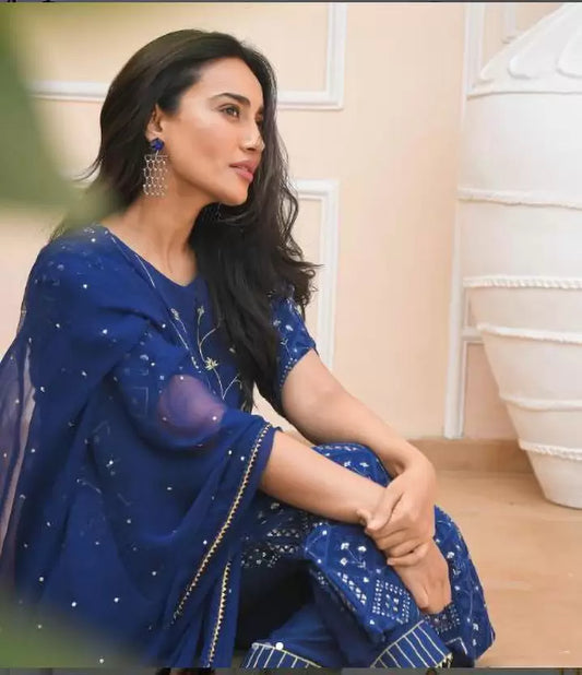 Women Blue Viscose Rayon Kurta, Palazzo Set and Dupatta set