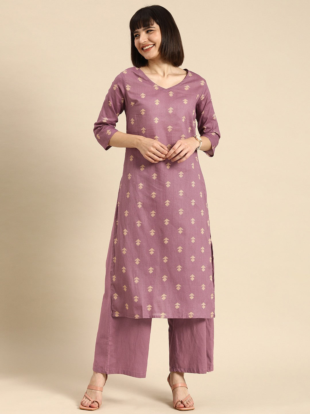 Women Mauve Printed Pure Cotton Kurta with Palazzos