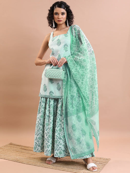 Floral Printed Square Neck Straight Kurta & Sharara With Dupatta