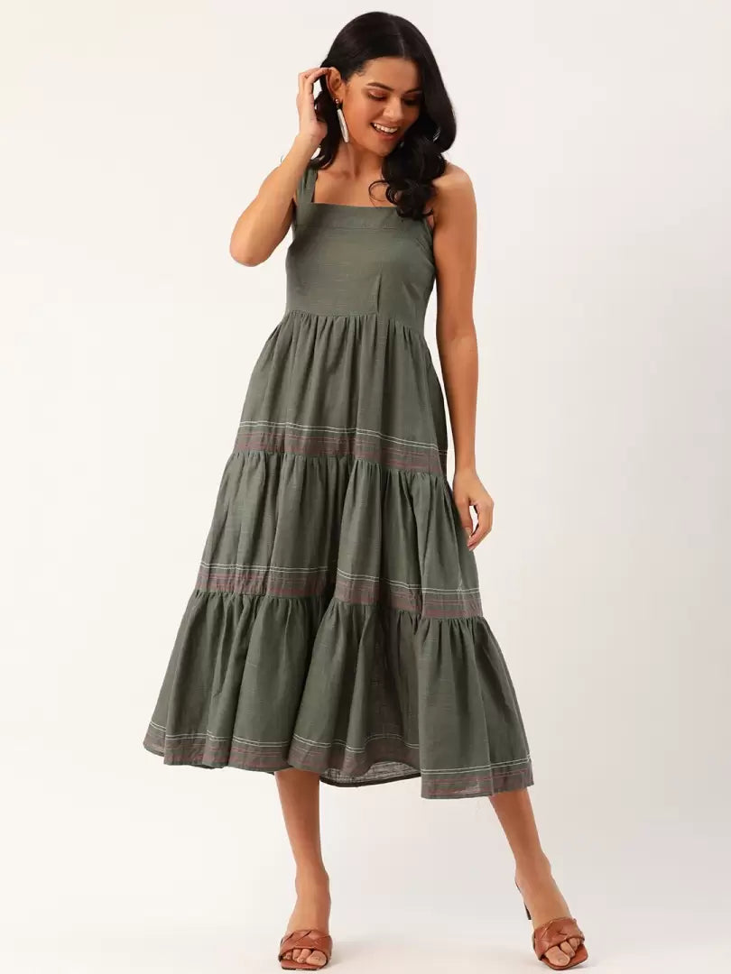 Women A-line Dark Green Dress