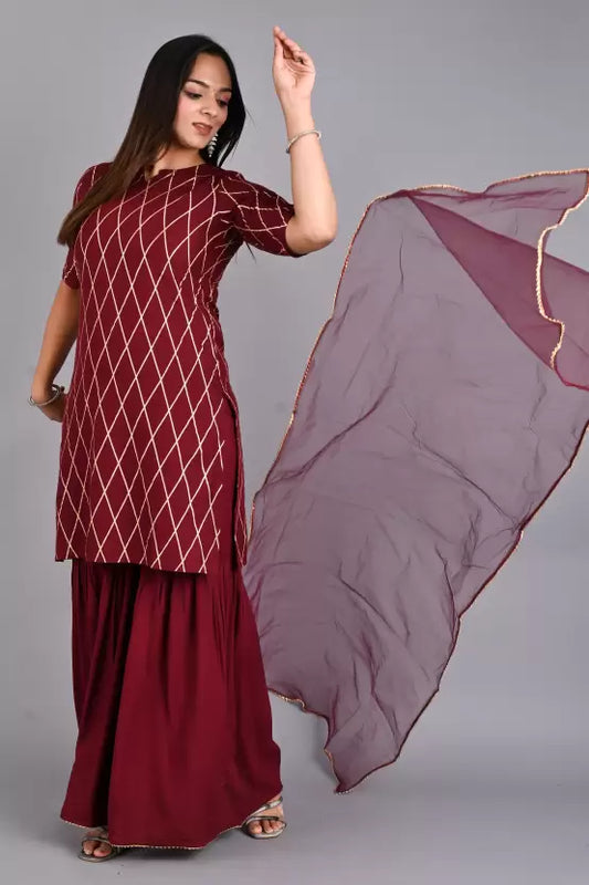 Women Maroon Viscose Rayon Kurta and Sharara Set